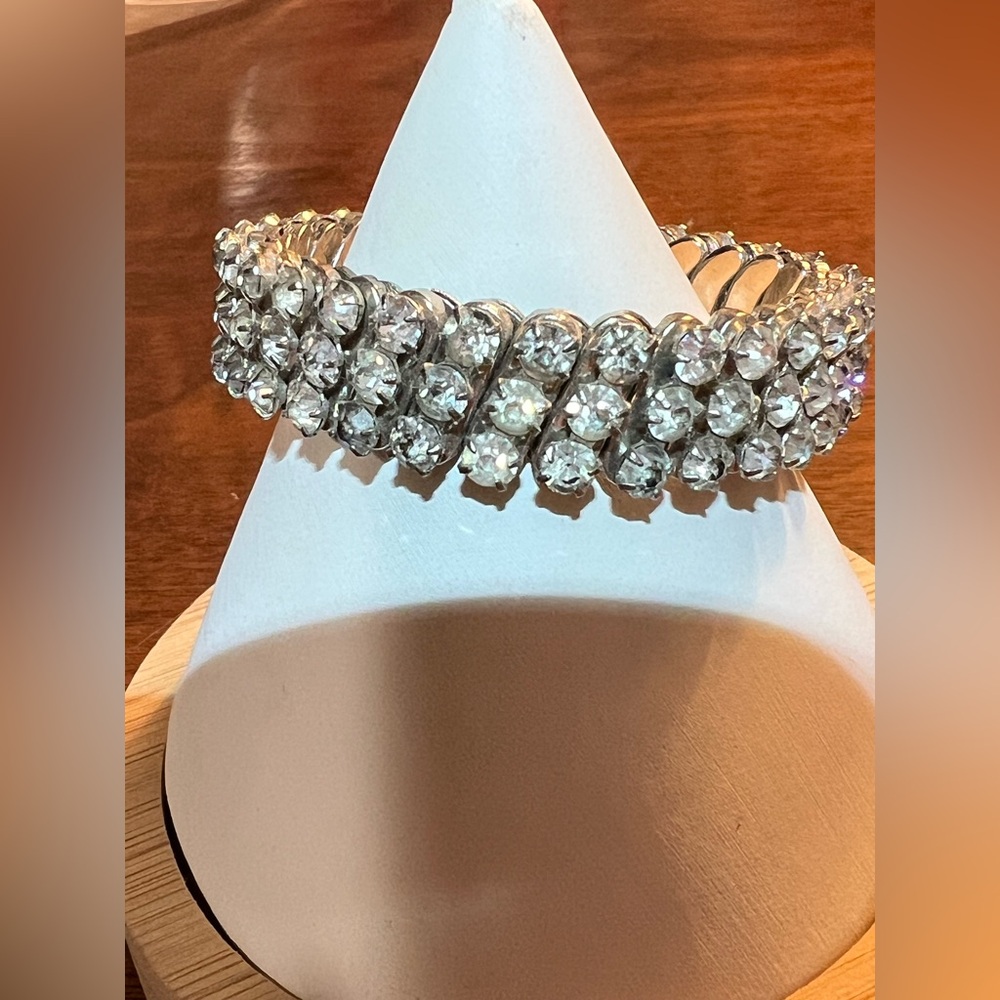 Vintage Mid Century Silver Tone Triple Row Rhinestone Expansion Bracelet